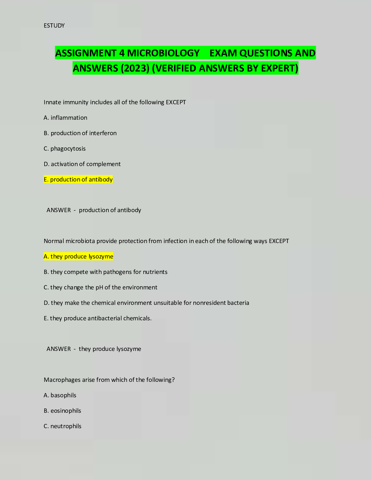 ASSIGNMENT 4 MICROBIOLOGY EXAM QUESTIONS AND ANSWERS (2023) (VERIFIED